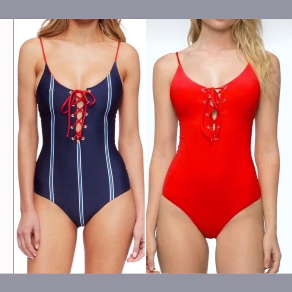 NEW TAVIK [ XS ] Monahan Lace Up Striped One‎ Piece Swimsuit Blue Red